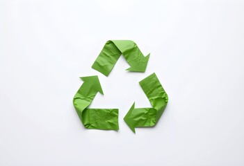 Recycle Symbol Crafted from Green Crumpled Paper Eco-Friendly Sustainability