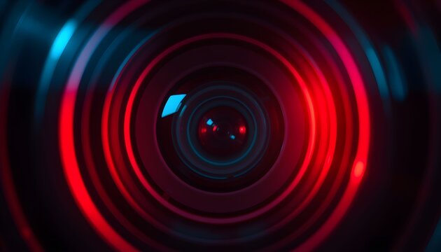 Abstract macro view of a futuristic camera lens illuminated by vibrant red and blue neon lights, symbolizing digital surveillance and technology