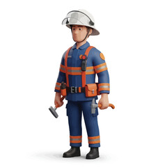 A professional firefighter character rendered in 3D, standing in full uniform with essential rescue tools isolated on white