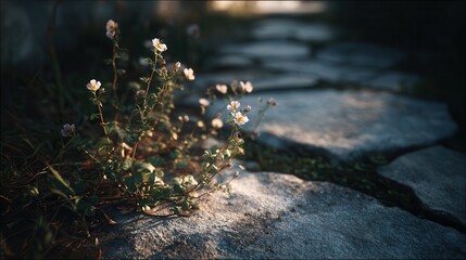 Wildflowers bloom along a stone path creating a serene atmosphere in the early evening light