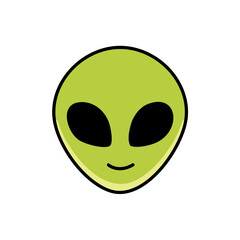 Fototapeta premium An alien illustration with a green head, oval eyes, and smiling face. The extraterrestrial being is simple but charming. 