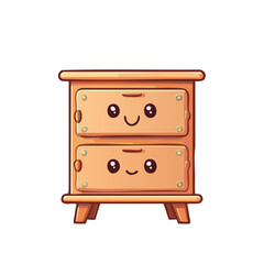 A cheerful, cartoon-style nightstand with a smiley face, designed to be charming and inviting. The nightstand appears wooden and has two drawers.