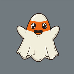 A friendly cartoon ghost with shiny black eyes and an orange headband floats cheerfully against a solid gray background, blending spooky charm with kid-friendly appeal.