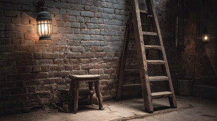 Wooden ladder and stool under dim lantern light inside an old brick basement