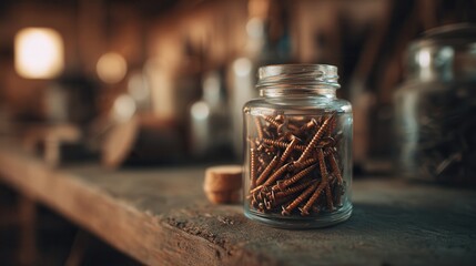 Jar filled with screws and nails on a wooden workbench with tools scattered around