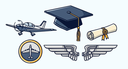 Aviation vector object and icon aviation academy graduation pilot school degree airplane wings flight training certificate program design