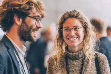 Fototapeta premium Professional businessman and businesswoman engage in a focused discussion on innovation and digital solutions within a sleek modern workplace.