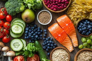Colorful array of fresh produce and protein sources on a wooden surface