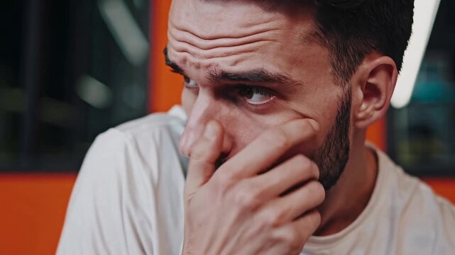 thoughtful portrait of brunette man with beard holding his chin and pondering idea in studio