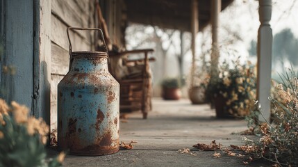 Rustic milk can resting on a porch surrounded by flowers at a tranquil countryside location in the early morning light