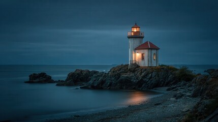 Lighthouse illuminates rocky coast at night with glowing lighthouse beam reflecting on calm waters