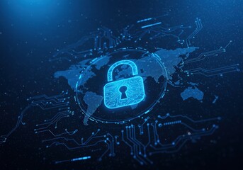 Digital padlock with a circuit map, showing global cybersecurity and data protection.