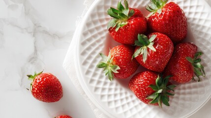 Freshly picked strawberries arranged on a white plate in natural light with soft shadows