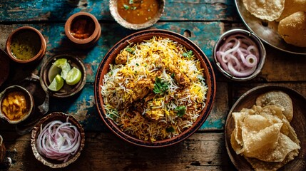 Overhead view of assorted Indian dishes on a rustic wooden surface.