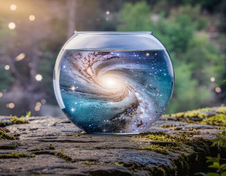 Tiny aquarium drifts through space, nebula colors swirl inside cosmic glass
