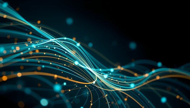 Abstract digital artwork featuring flowing teal and gold lines with glowing orbs against black background.