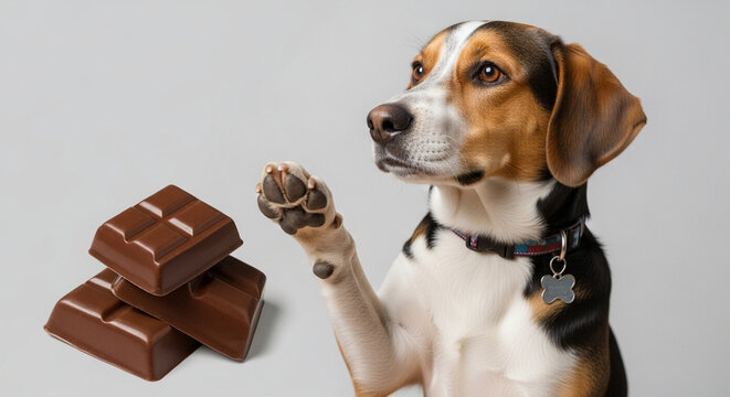 An adorable hound dog holds up its paw in a stop gesture next to forbidden chocolate