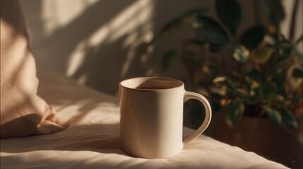 Obraz premium Warm light illuminating a ceramic mug beside a vase of flowers by a window in a cozy room during the morning