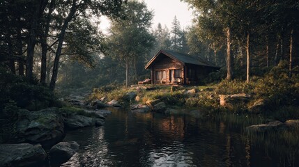 Obraz premium Serene cabin by the river surrounded by lush trees in the early morning light