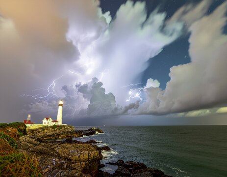Beaming lighthouse pierces turbulent sky along rugged cliff in dramatic scene