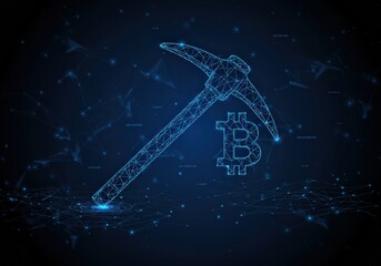 Bitcoin mining concept with a pickaxe icon in a futuristic digital style, on a blue background