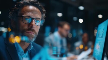 Focused medium shot of a business manager examining a digital screen displaying cashconversioncycle trends while surrounding documents and colleagues are softly blurred emphasizing - Powered by Adobe