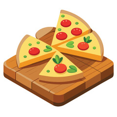 pizza slices on wooden board with white background