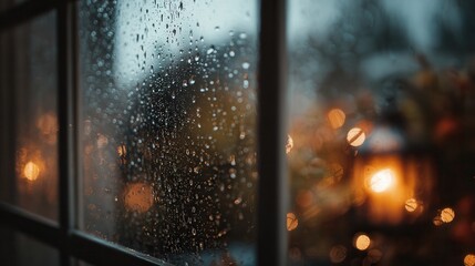 Fototapeta premium Rainy evening view through a window with blurred street lights in the background creating a cozy atmosphere