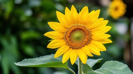 Fototapeta premium Sunflower close up bloom yellow petals green leaves