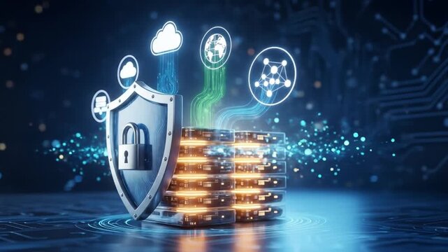Cybersecurity and Cloud Data Protection Concept: Digital Shield Securing Server Rack with Global Network and Information Flow on a Futuristic Backg...
