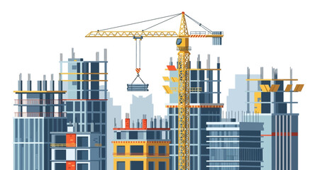 Construction Site with Crane and Buildings Under Construction, Vector Illustration