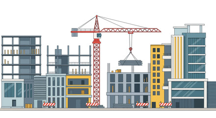 Construction Site with Crane Lifting Beams, Modern Buildings Under Construction