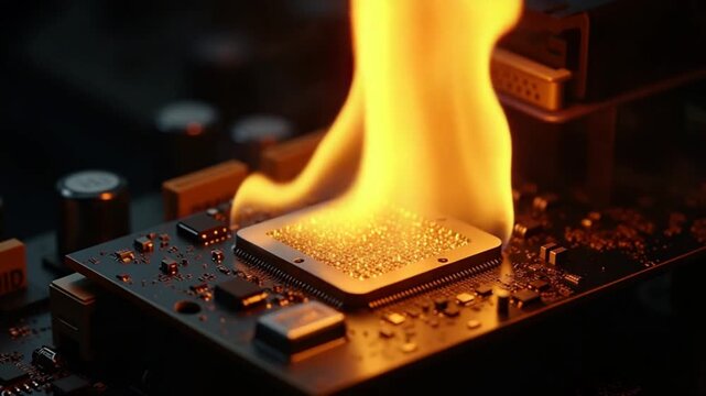 A computer motherboard on fire with smoke coming out of it
