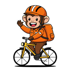 A smiling cartoon monkey rides a yellow bicycle while waving, dressed in an orange helmet, jacket, and backpack&mdash;radiating cheerful energy against a plain white background.