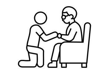 Caregiver Holding Hands with Senior, Minimal Line Illustration of Compassionate Support, Symbol for Elderly Care, Nursing, Counseling, Healthcare, and Community Welfare