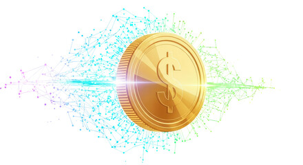 Golden dollar coin with digital network background representing financial technology