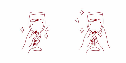 Minimalist Line Art Hands Holding Wine Glasses – Elegant Vector Illustration, Vector simple minimal linear style illustration with cartoon hands holding wine glasses, celebration and party vibe
