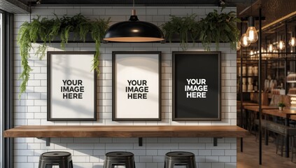Three vertical framed posters with placeholder text displayed on a white subway tiled wall above a wooden shelf with bar stools in a modern cafe or restaurant setting