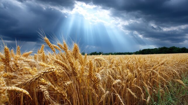 Golden wheat field under dramatic stormy sky with sunbeams breaking through dark clouds, close up on ripe grain stalks swaying gently in the breeze, lush green trees in the distance.