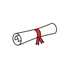 A simple cartoon illustration of a rolled-up diploma or scroll tied with a red ribbon.