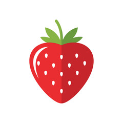 Obraz premium A vibrant red strawberry icon with green leaves and white seeds, depicted in a flat, minimalist style on a white background.