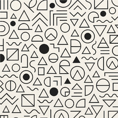 Minimalist Black and White Geometric Pattern Background — Seamless Vector with Abstract Shapes, Circles, Triangles, and Lines for Design and Decoration Use