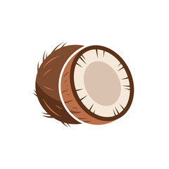 Close-up image of a halved coconut, showcasing the brown husk and the white flesh inside.