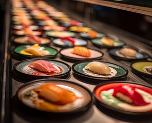 Neatly arranged sushi conveyor belt where each round plate holds one piece of sushi including tuna salmon sea urchin uni squid and shrimp in vivid detail