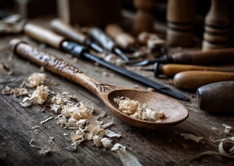 Wooden spoon surrounded by carving tools
