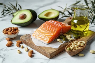 Healthy foods arranged on a marble surface. Fresh salmon, avocados, nuts, and oil