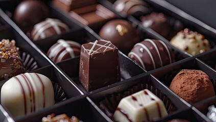 Assorted chocolates in box, close-up, dark background, gift