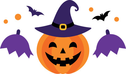 Festive Halloween Illustration with Smiling Pumpkin Wearing Witch Hat Bats and Purple Accents for Holiday Celebrations