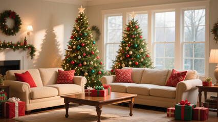 A holiday living room scene showcasing two elegantly decorated Christmas trees adorned with colorful ornaments and twinkling lights. Christmas, Christmas Tree, Merry Christmas, Christmas Background