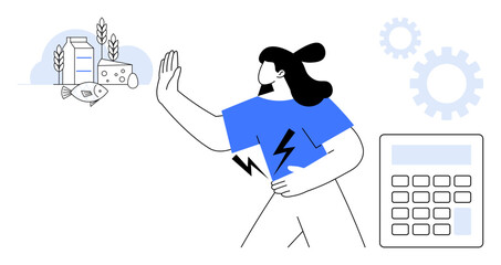 Woman gesturing to avoid unhealthy products including fish, milk, and cheese near wheat symbols. Calculator and gears suggest choices, health, fitness, planning, balance energy awareness. Ideal